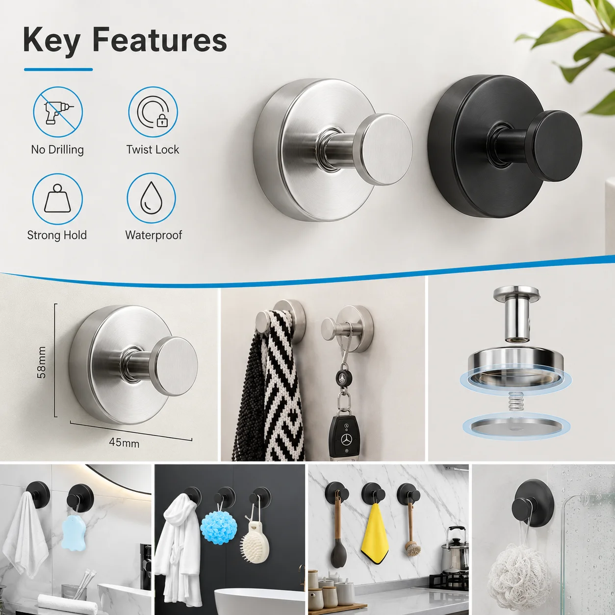 1/2/4PCS Premium Stainless Steel Suction Cup Hooks No Drill Wall Hanger Waterproof Vacuum Hook For Shower Bathroom Kitchen Towel