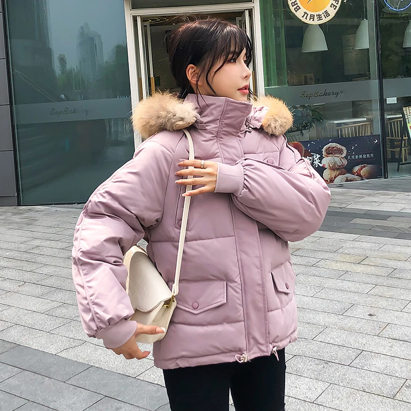 Removable Real Fur Collar Short Hooded Parka Fashion Winter Jackets For Women Solid Color Chic Coat