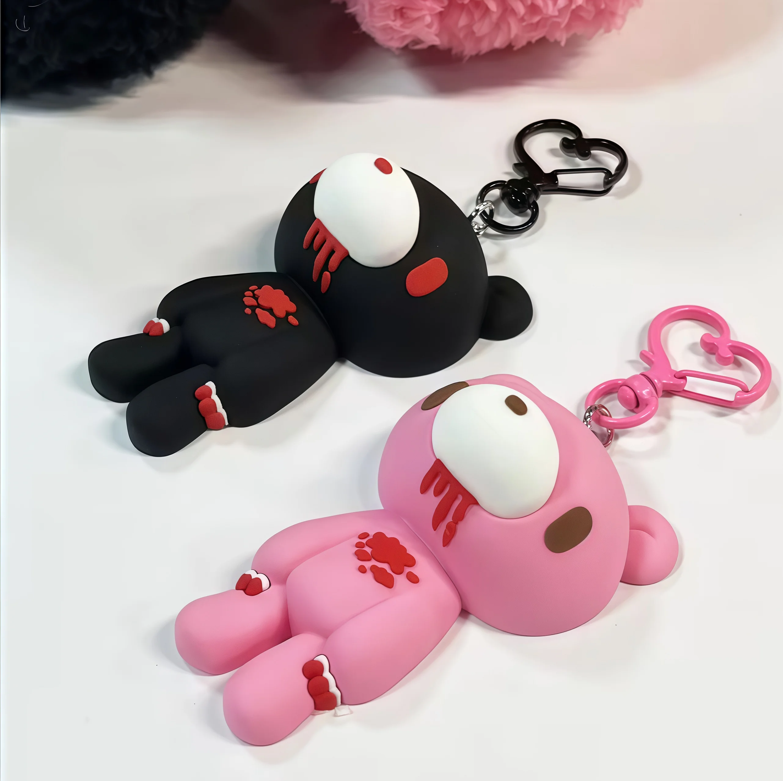 Gothic Style Bear Keychains Black and Pink Cute Cartoon Bear Key Rings with Bloody Details,Unique Fashion Accessories for Bags