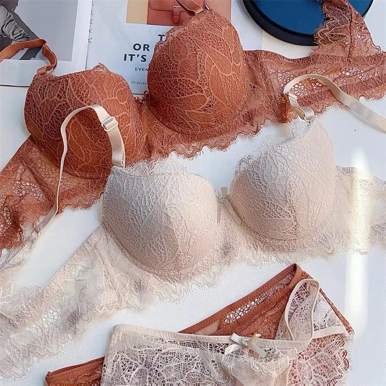 Sexy cross back big size bra set sweet lace thin cup bras women push up lingerie gathered underwear sets