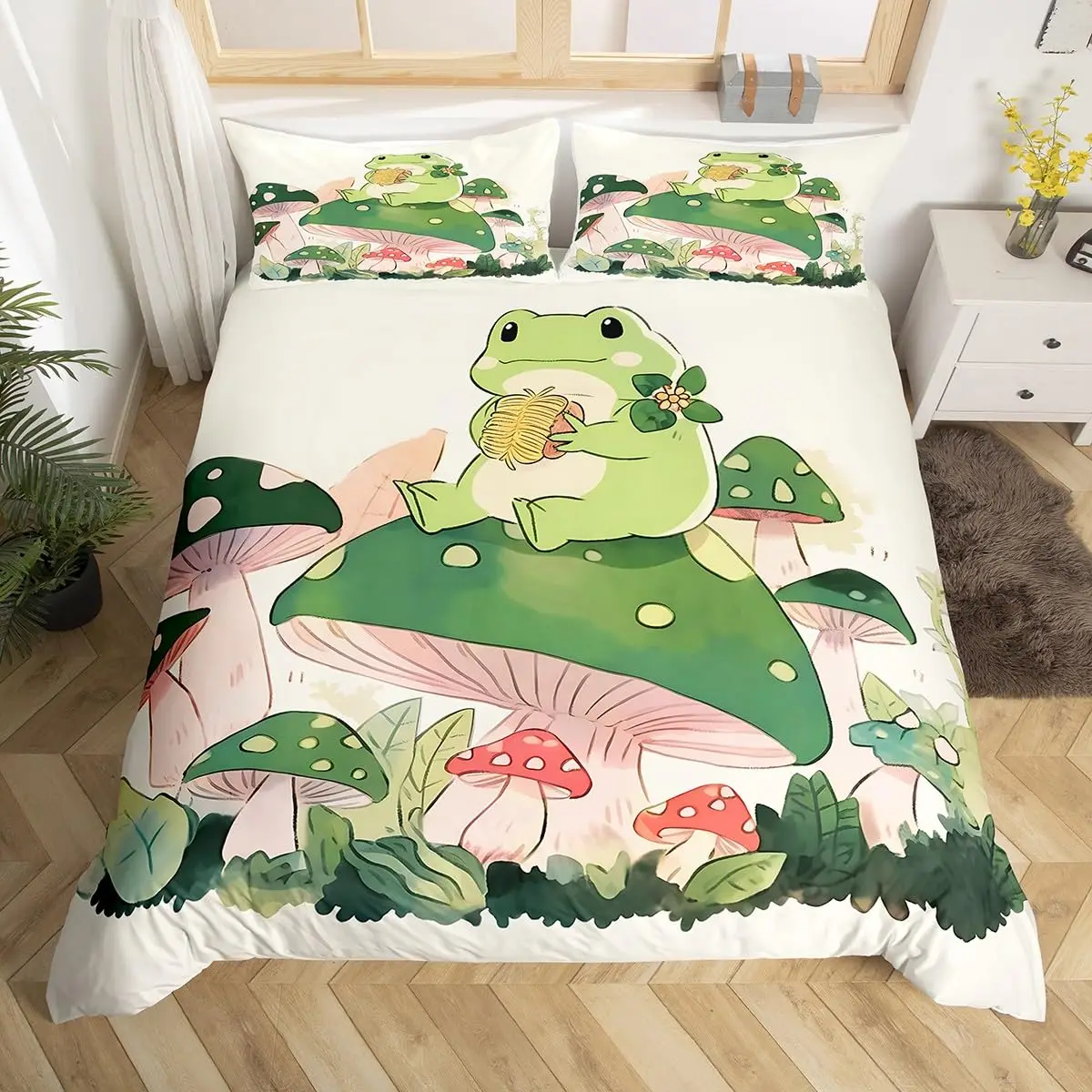 Cartoon Mushroom Frog Duvet Cover Twin Size,Cute Kawaii Green Animal Comforter Cover Maple Leaves Hazelnut Plant Quilt Cover