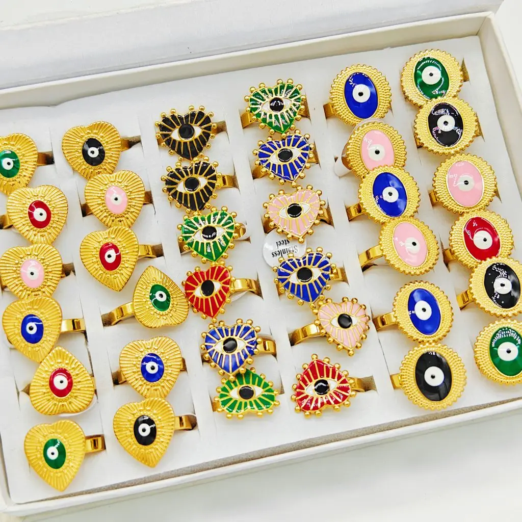 20/30/50pcs Wholesale Mix Design Gold Plated Eye Rings For Women Trendy Round Heart Shape Party Jewelry Gift Jewelry Bulk image 2