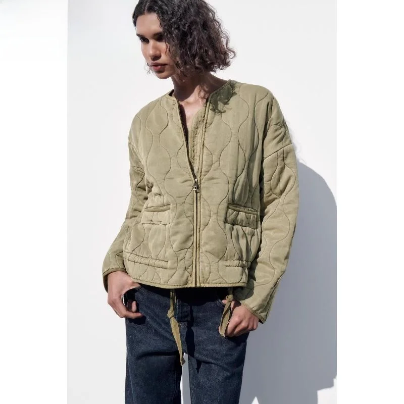

Spring Autumn New Women's Long Sve Casual Outerwear Cotton Jaet Loose Polyester Zipper Closure Pure Color Commute