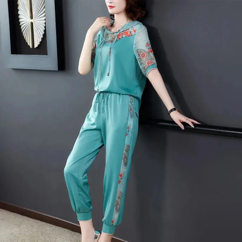 Large Size Suit Women 2024 New Summer Set High-End Leisure 2PCS Female Two-Piece Harem Pants Middle-Aged Elderly Mother\'s Outfit