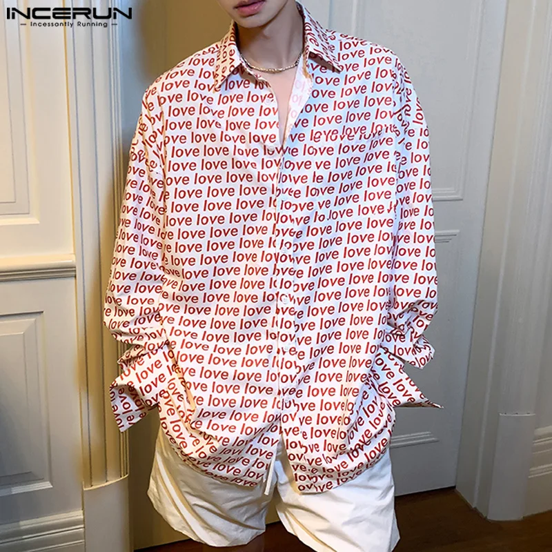 INCERUN 2024 Casual Long Sleeve Shirts Korean Style Fashion Tops Printed Lapel Loose Tees Streetwear Male Well Fitting Tops