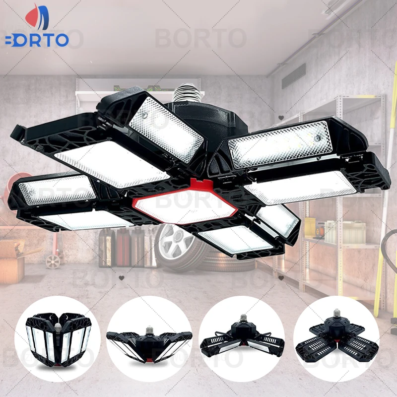 2023 Led Garage Light Deformable Ceiling Lighting With 12 Adjustable Panels Shop Work Lamps For Storage Warehouse Workshop Light