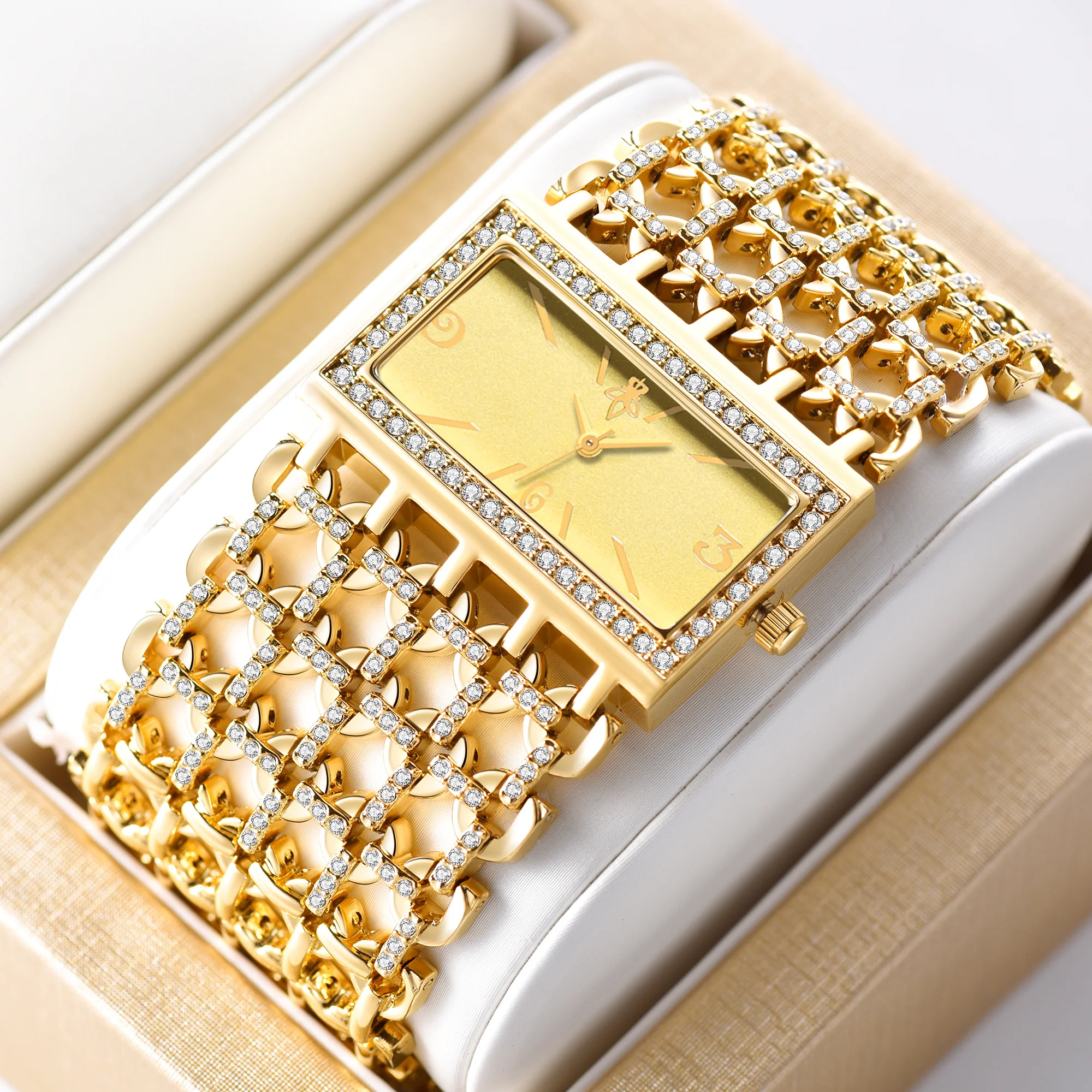 YaLaLuSi Golden Luxury Women's Classic Crystal Diamond Bracelet Watch Brand Hot Model Waterproof Mineral Glass Gift Box