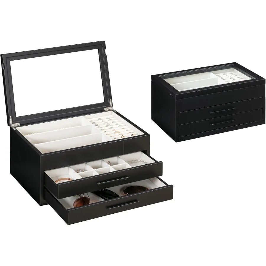 

Шкатулка для драгоценностей для женщин, органайзер для хранения ювелирных изделий со стеклянной крышкой, 3-слойный органайзер для ювелирных изделий, 2 ящика, современный стиль для сережек