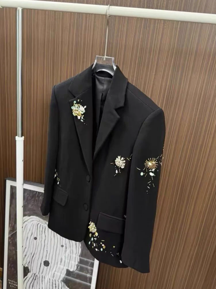 Blazer con perline con paillettes da donna di lusso Nero Primavera Autunno Giacca monopetto allentata di alta qualità 2026 Nuovo INKEO 5O117