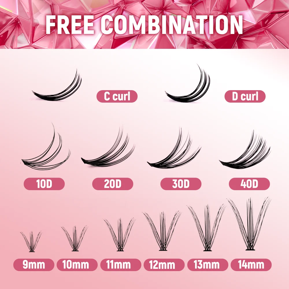 FADVAN Lashes 14 Row 30D+40D Cluster Lashes Upper Lower 0.07 D Mix10-16  Segmented Extens ion DIY