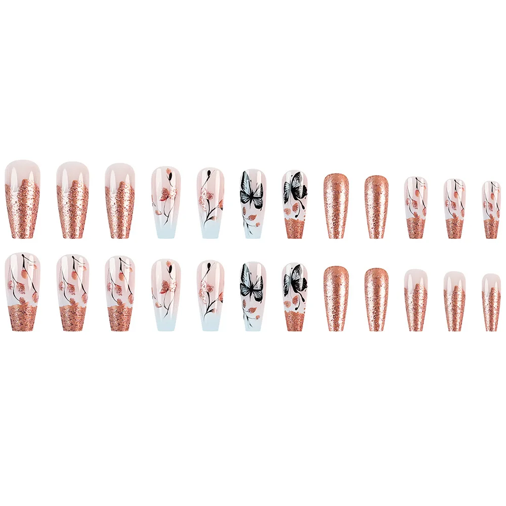 24pcs Press on Nails Rose Gold Glitter French Butterfly Full Coverage Nail Tips for Women and Girl Removable Wearable Nail Art 5