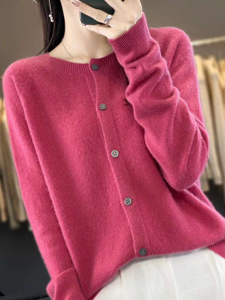 Aliselect New Fashion Women Clothing 100% Merino Wool Sweater O-Neck Long Sleeve Spring Autumn Winter Cardigan Knitwears Tops