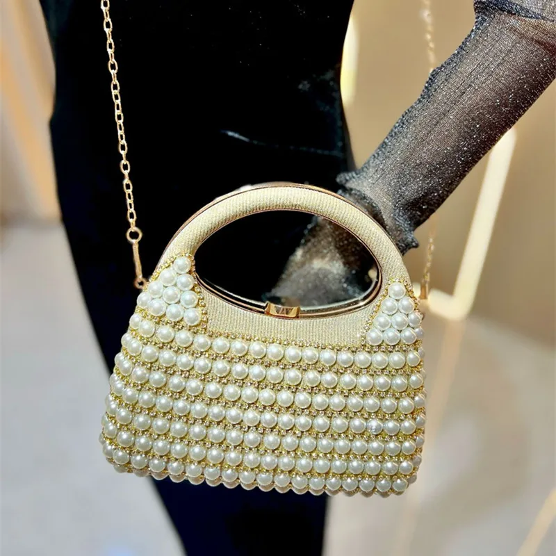 

2025 Luxury Fashion Big Pearl Diamond Evening Clutch Bag Women High End Party Handbags Bride's Wedding Crossbody Shoulder Bag