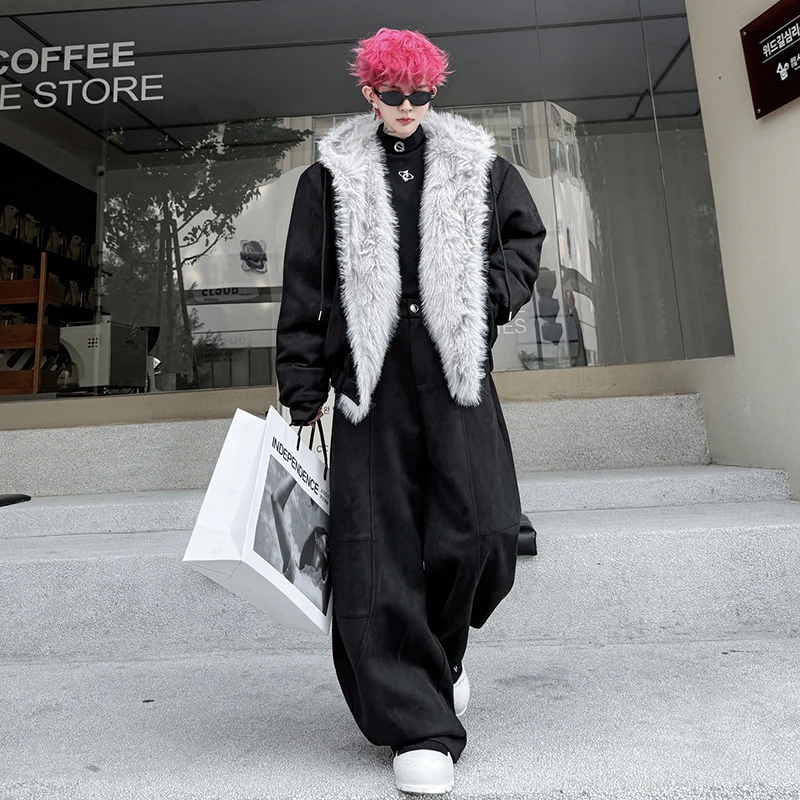 LUZHEN 2025 الشتاء أنيق وسيم قطعتين مجموعات الرجال فو الفراء بطانة الدافئة مقنعين معطف مبطّن بلون سراويل تقليدية JY5246