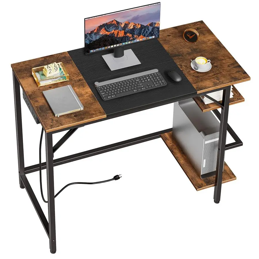 

Computer Desk, Home Office Desk with Power Outlet, Writing Desk with 2 Shelves, Modern Small Desk for Home Office, Study, Easy t