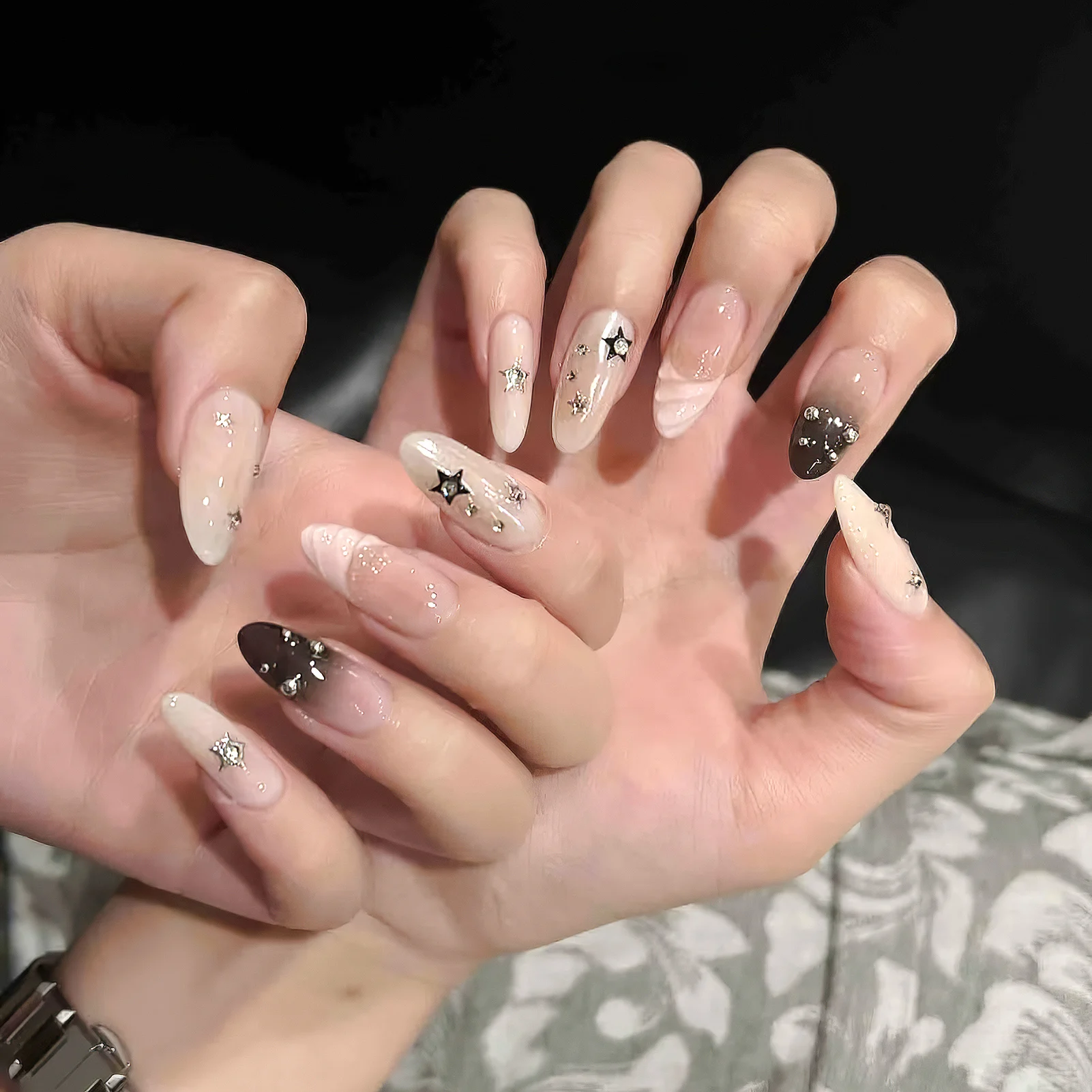 10pcs Almond Fake Nails Star Glitter False Nails Handmade Rhinestone Artificial Nails For Women Party Wedding Salon Decoration