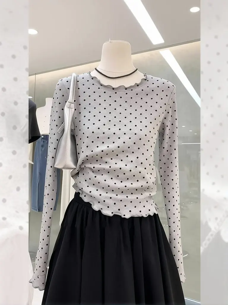 T-shirt à manches longues à pois et volants pour femme – Tenue de travail décontractée, superposition, basique, élégant, coupe ajustée