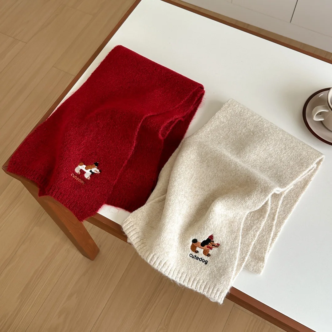 New Cute Dog Embroidered Knitted Scarf 160x27cm Japanese Winter Wool Blend Neck Warmer Unisex Fashion Scarf Wrap Shawl Hijab