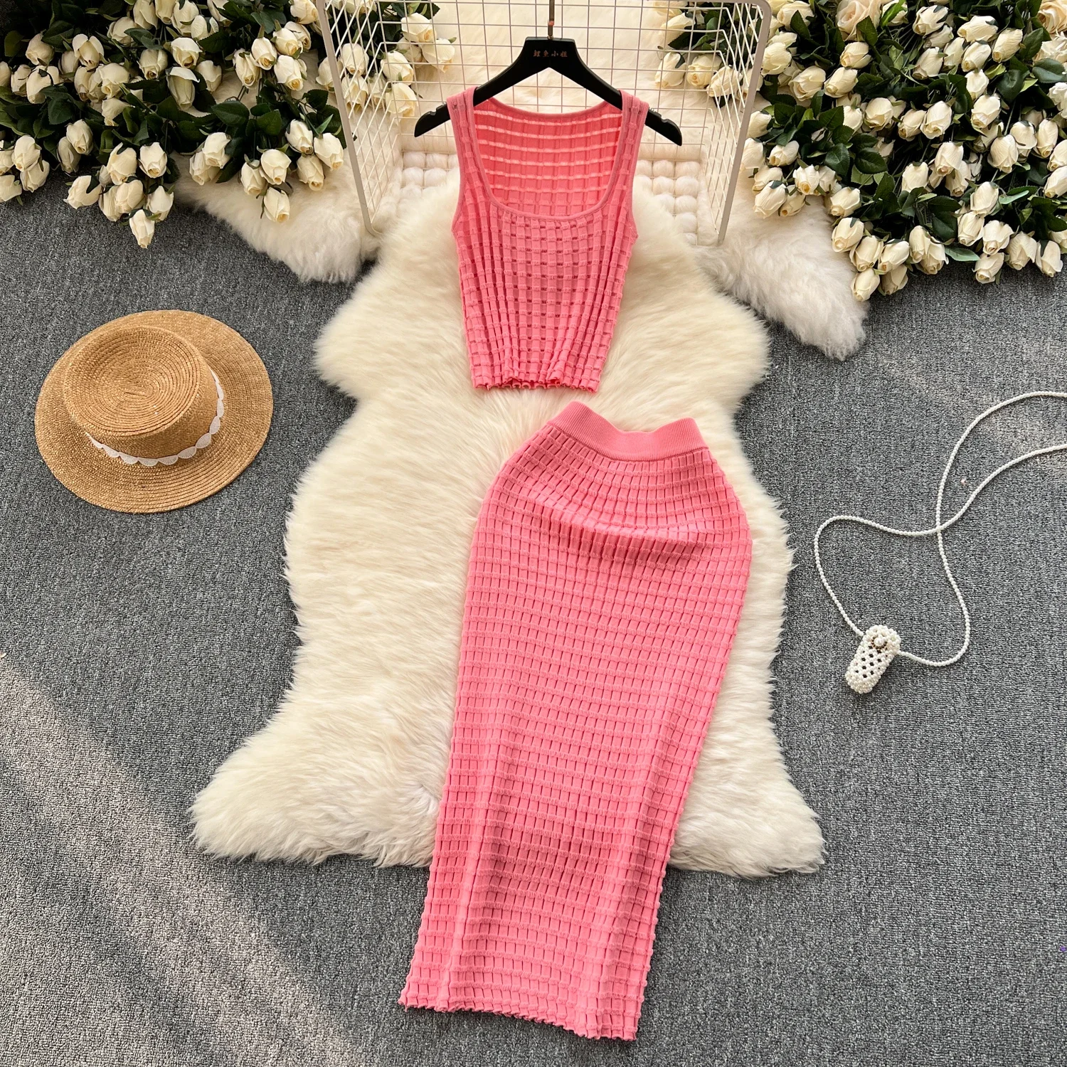 Summer Women Fashion Skirt Set Sexy Sleeveless Tank Tops High Waist Slim Long Saya Female Two Piece Suits Knit Solid Clothes