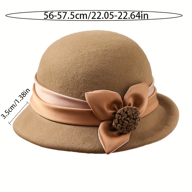 Autumn and Winter Hat Women\'s Pure Wool Top Hat Temperament Setting Hat Elegant Round Top British Fashion Flower Woolen Hat