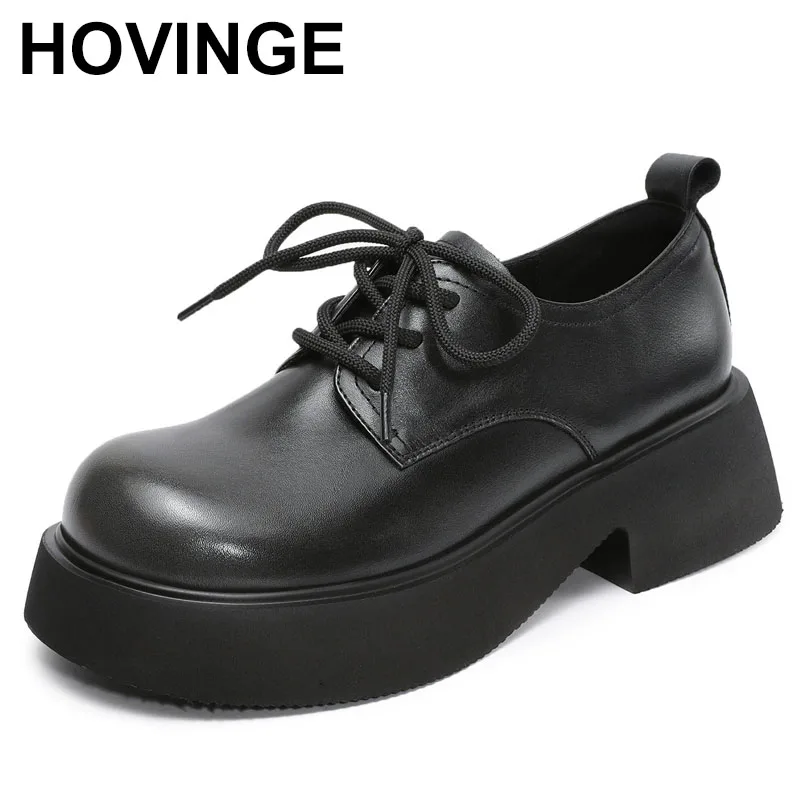 

British Style Top Cowhide Full Real Leather Shoes Thick Sole Heighten Shoes High Heels Women Lace-up Trendy Shoes
