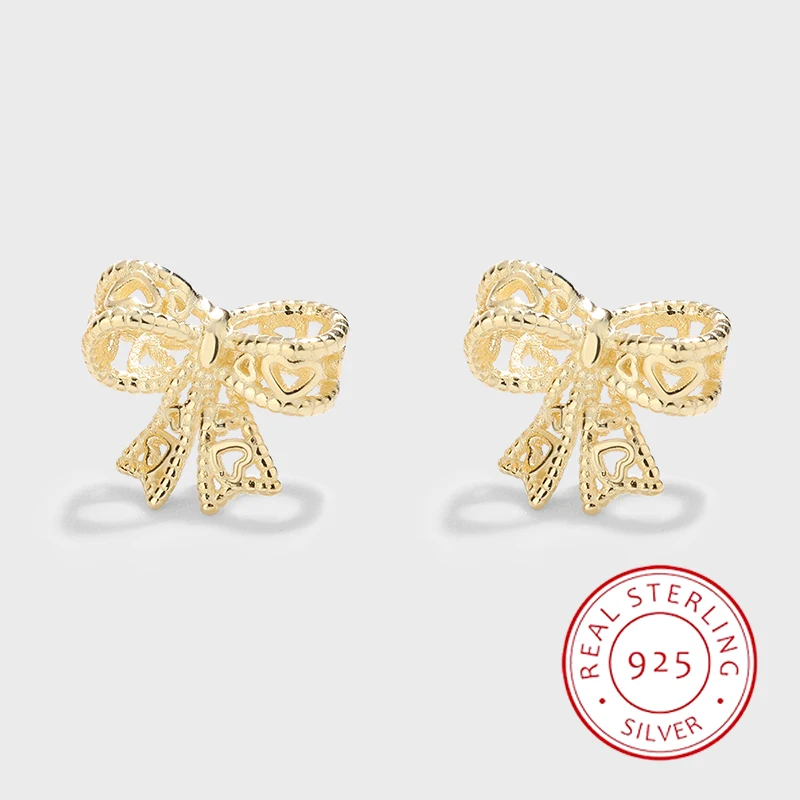 

Light Luxury Versatile S925 Silver 14K Gold Hollow Heart Bow for Women Elegant and Exquisite Earrings