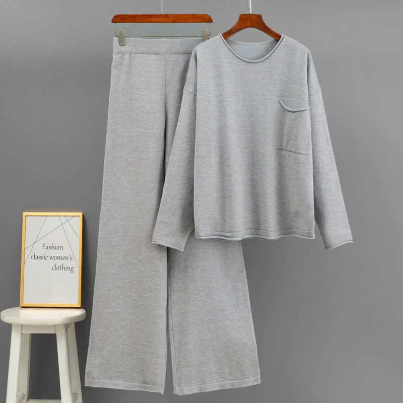 Design coreano nova malha 2 peça define feminino o-pescoço malha solta camisola pulôver topos conjuntos de cintura alta calças retas outfit