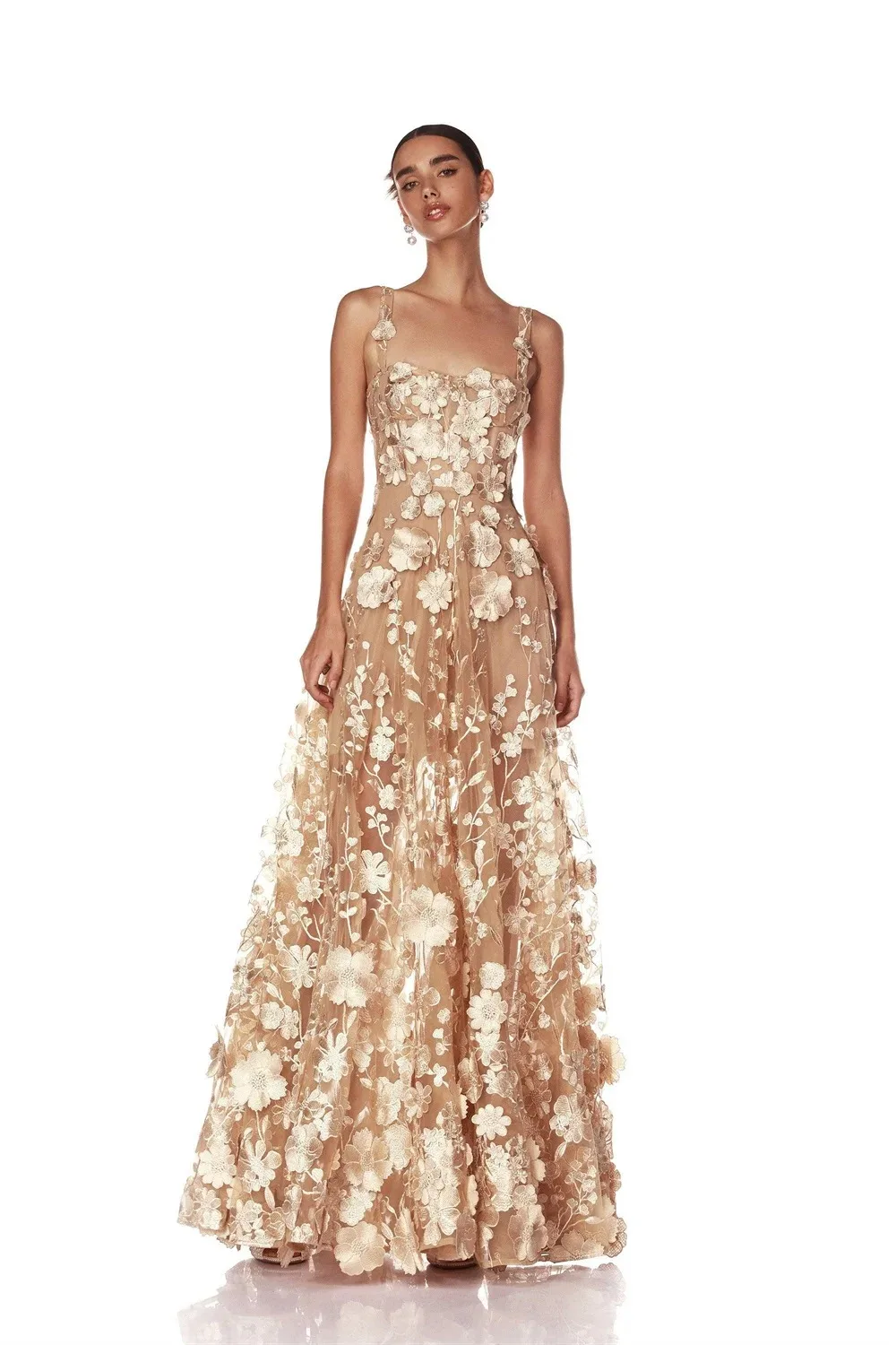 Elegantes Spitzen-Stickerei-Hochzeitskleid Champagnerfarben mit Spaghetti-Trägern A-Linie Brautkleid mit Rückenreißverschluss Vestidos De Noche Maßanfertigung