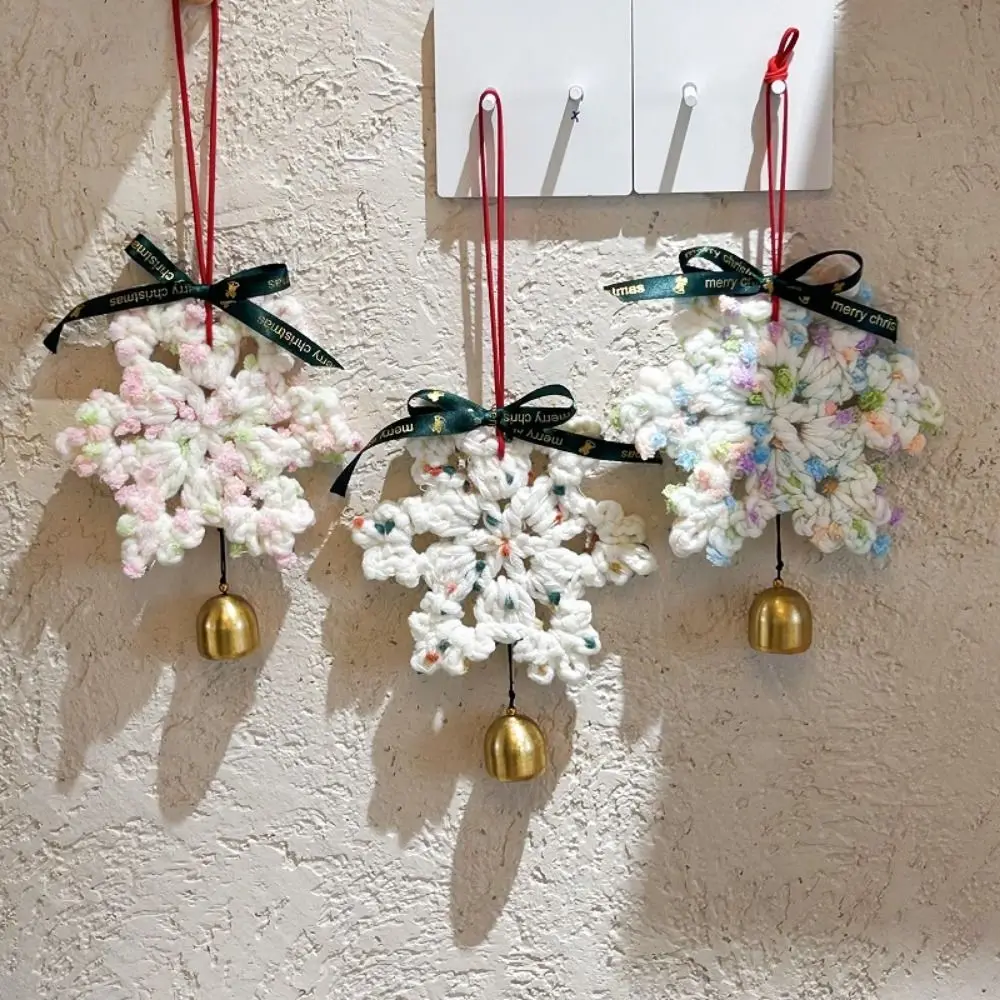 Hand-knitted Crochet Snowflake Pendant Hanging Rope Bell Xmas Tree Hanging Ornament Ribbon bow Multi-Functional