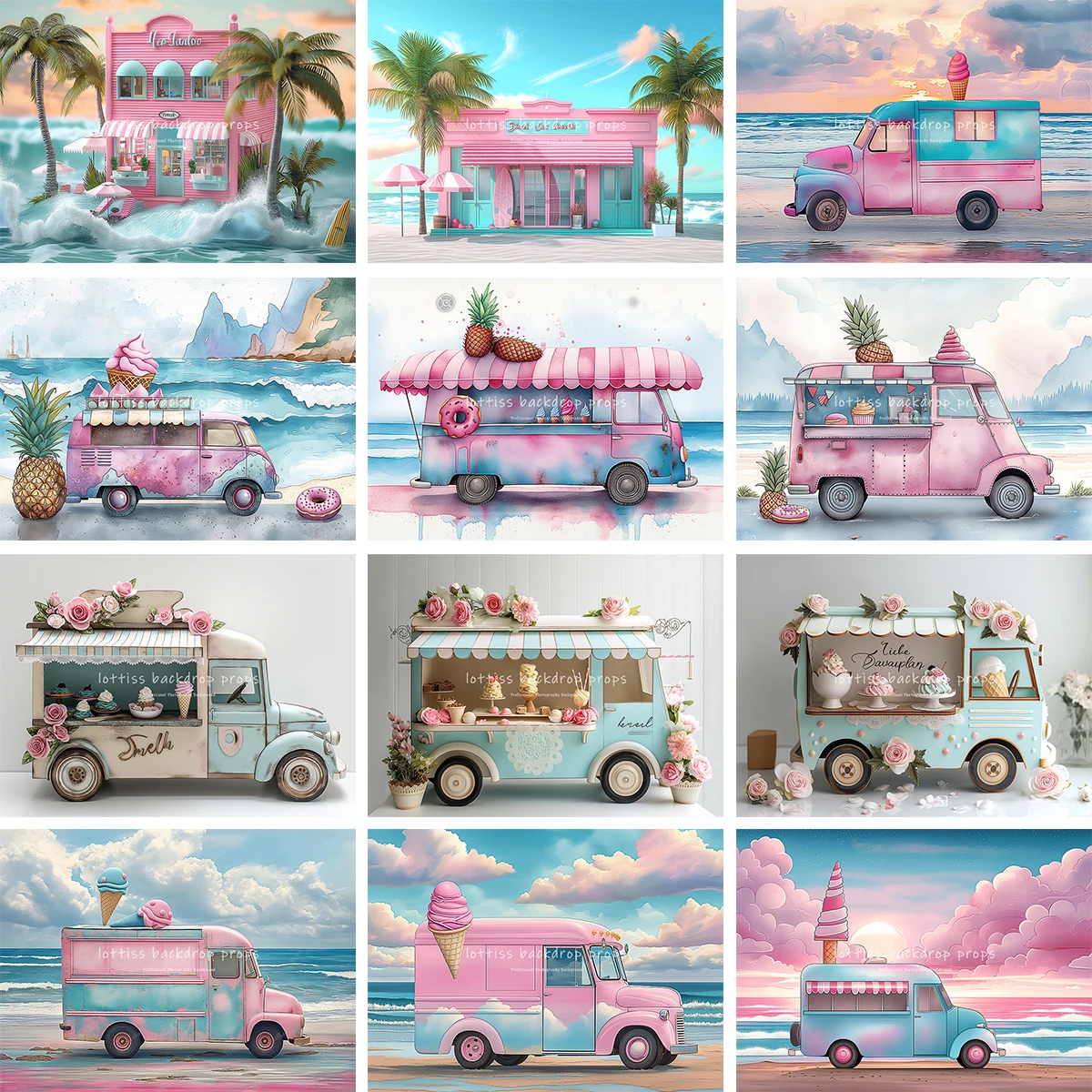 Little Pink Surf Shop With Palm Trees Backdrops Kids Baby Birthday Cake Smash Photocall Summer Bus Beachside Backgrounds