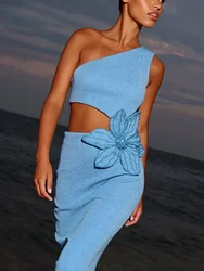 GPBD Bandage Dress 2024 Women Celebrity Sexy One Shoulder Cut Out Sky Blue Flower Midi Bodycon Elegant Evening Club Party Dress