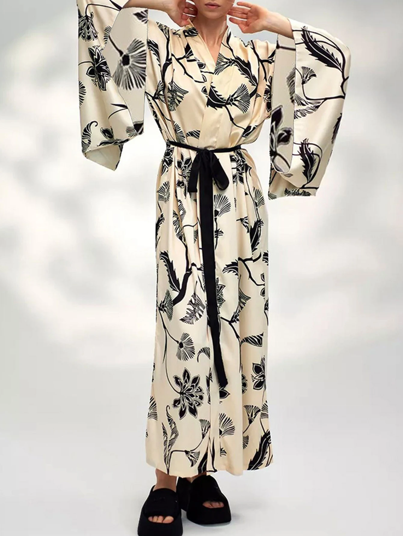 レディース フルプリント レースアップ 長袖 Vネック Aライン ワンピース 秋 ファッション バケーション ロングドレス