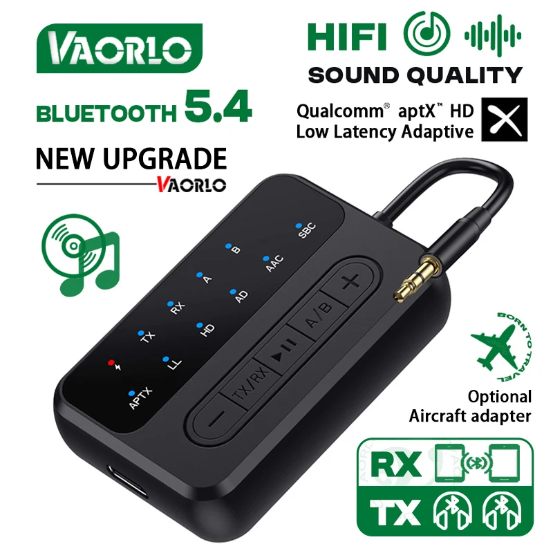 

Bluetooth 5.4 аудио приемник передатчик 3,5 мм AUX многоточечное подключение беспроводной HiFi стерео AptX-Adaptive/HD/LL адаптер для самолета