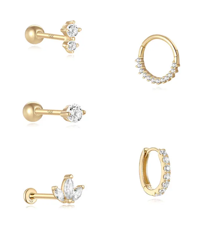 LENNIK 14K Pure Gold Earring Women European and American luxury mini horse eye zircon flat head threaded piercing earrings jewel