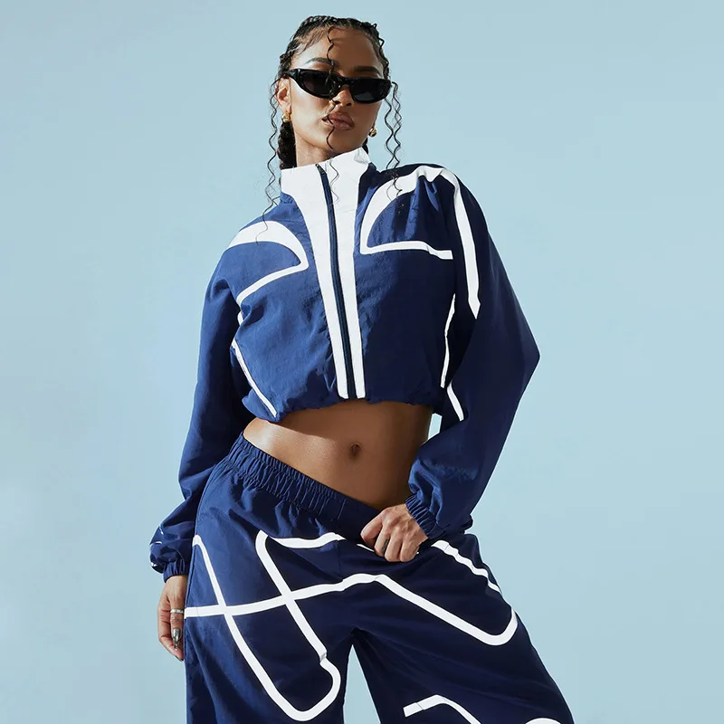 

Navy Blue Causal Pant Sets Women Geometric Stripes Zipper Cardigan and High Waist Pant Outfits Autumn Loose Two Piece Set 2024