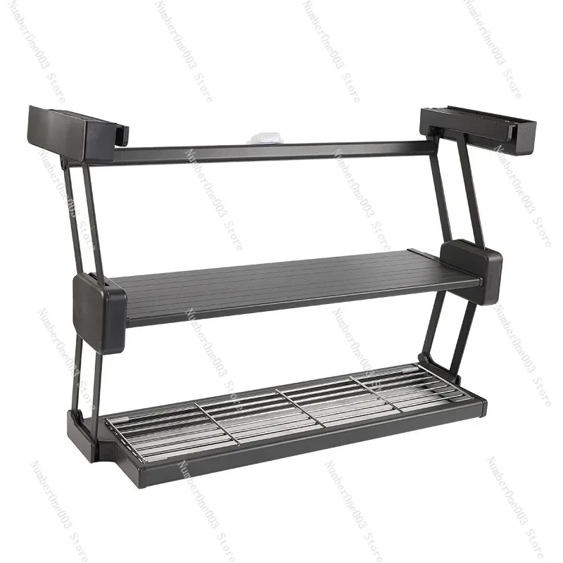Kitchen Double-Layer Pull-Down Folding Storage Shelf Hanging Condiment and Dish Rack Top-Mounted Lifting Basket