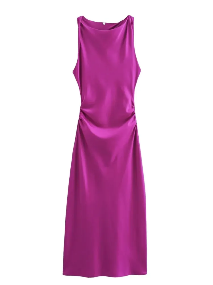 

Sexy Elegance O-neck Dress For Woman Summer Fashion Satin Sleeveless High Waist Midi Dresses Ladies Evening Party Vestidos