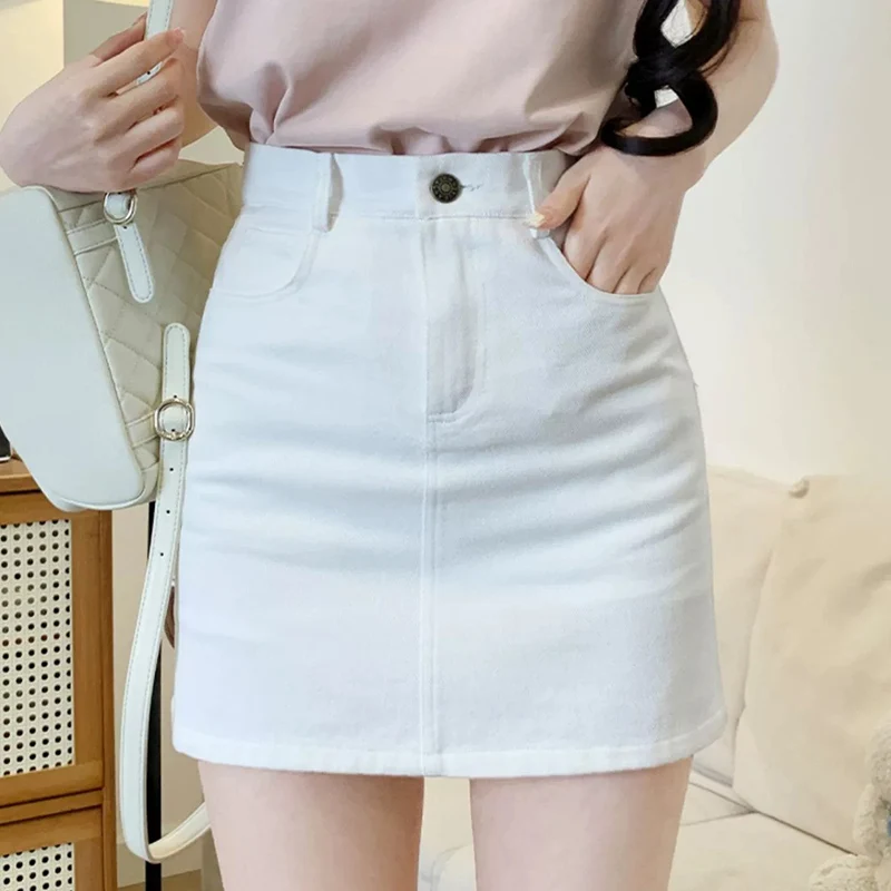 Summer Korean Pink Denim Skirt Women 2025 High Waist Bodycon Skirts for Woman Fashion Pocket Slimming Mini Skirt with Shorts
