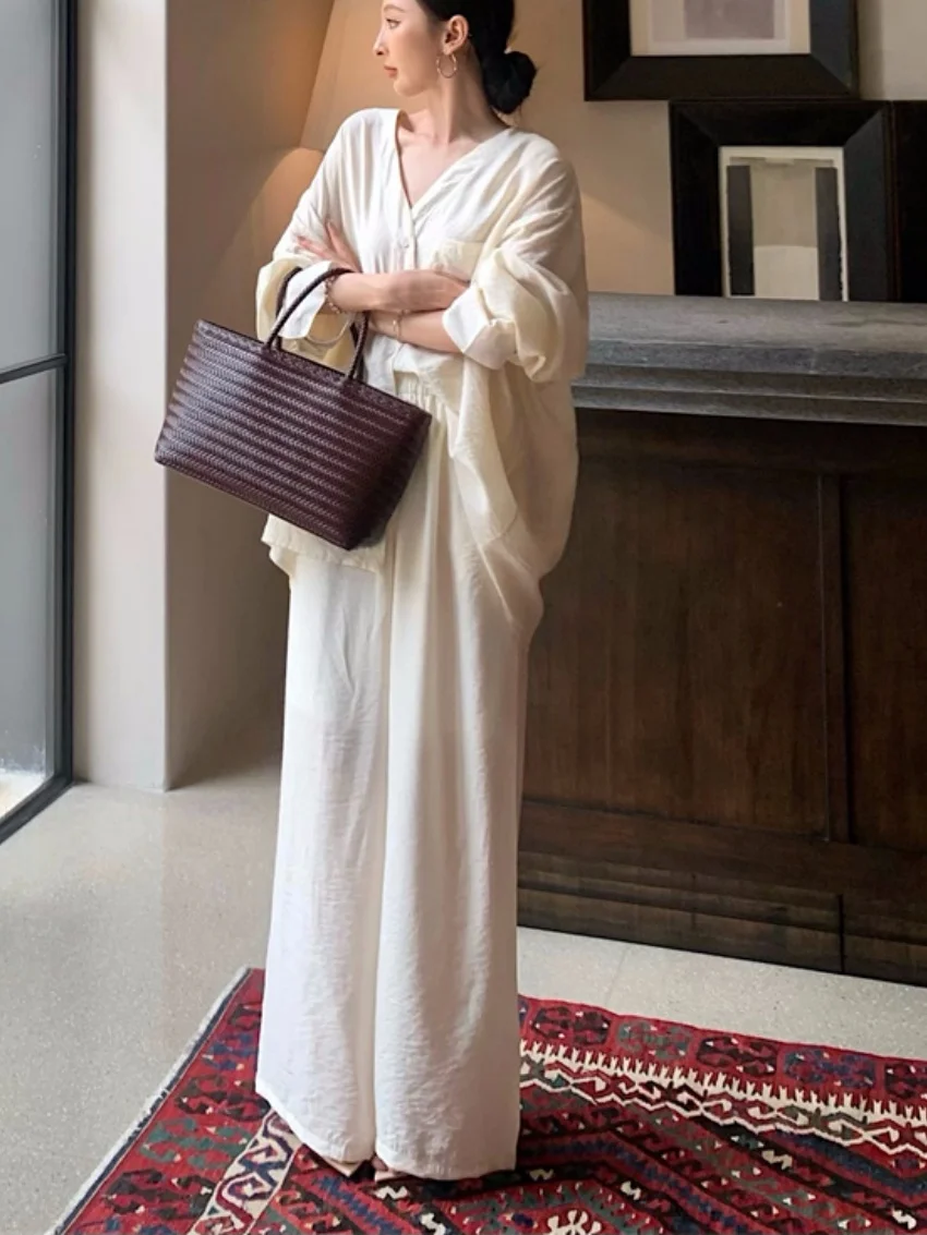 

Alien Kitty Lazy Style Women Suits Solid Fashion Elegant Casual Shirts High Street Summer Daily Wide Leg Pants Office Lady Sets