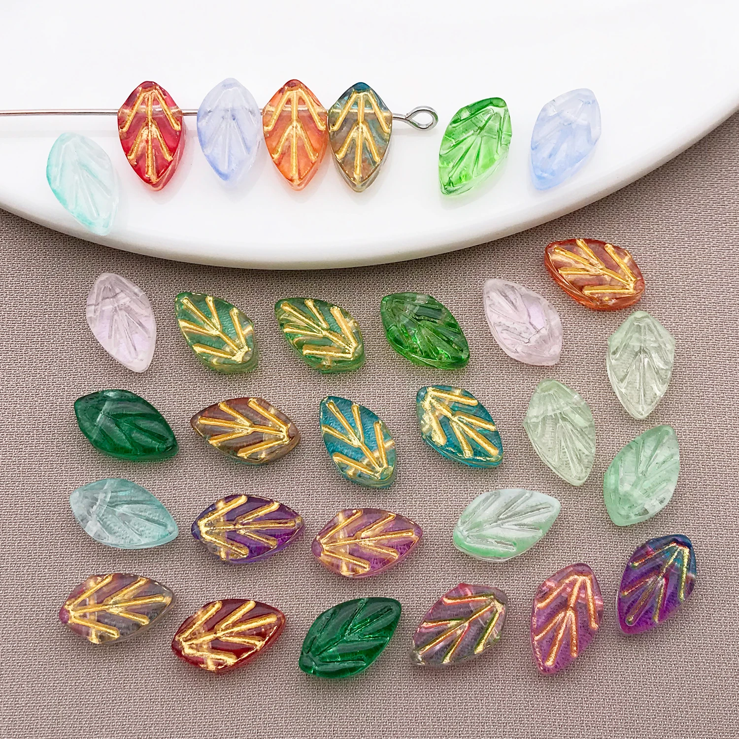 30/50pcs Glass Leaf Pendant Transparent Charms Gold Plated Edge Craft Beads For Jewelry Making Keychain Earrings DIY Accessories