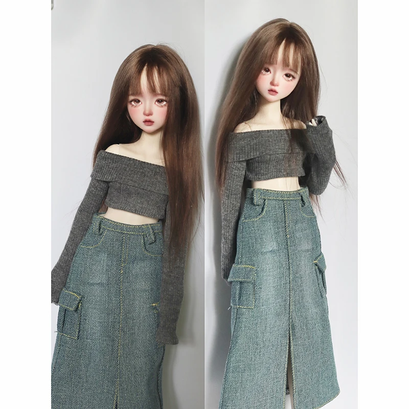 New (1/4 BJD Doll Clothes) Off Shoulder Sweater Knit Tops Split Denim Long Skirt Vintage Dress for 1/4 SD MSD Dolls Accessories