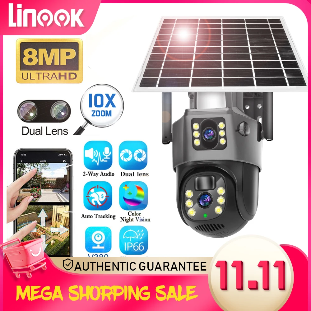 Linook v380 Pro 10X enlarged closed-circuit television WIFI camera,5MP solar closed-circuit television wireless outdoor 360 pan