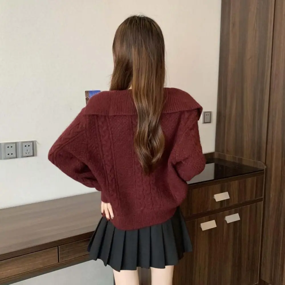 เสื้อคาร์ดิแกนถักโครเชต์ลายตาราง คอปกพับ แขนยาว ทรงหลวม สไตล์ Y2K สำหรับผู้หญิง เสื้อท็อปส์สไตล์ Preppy ลายเกลียวขนมปังทอด