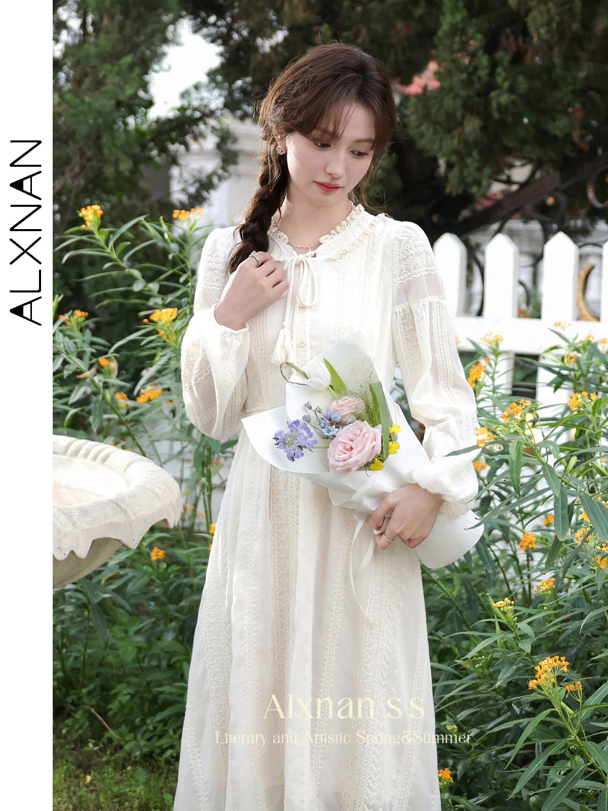 

ALXNAN Frenchy Sweet Apricot Color Dresses for Women Agaric Edge Neck Tassel Strap Lantern Sleeve 2024 Fall Female Dress L335102