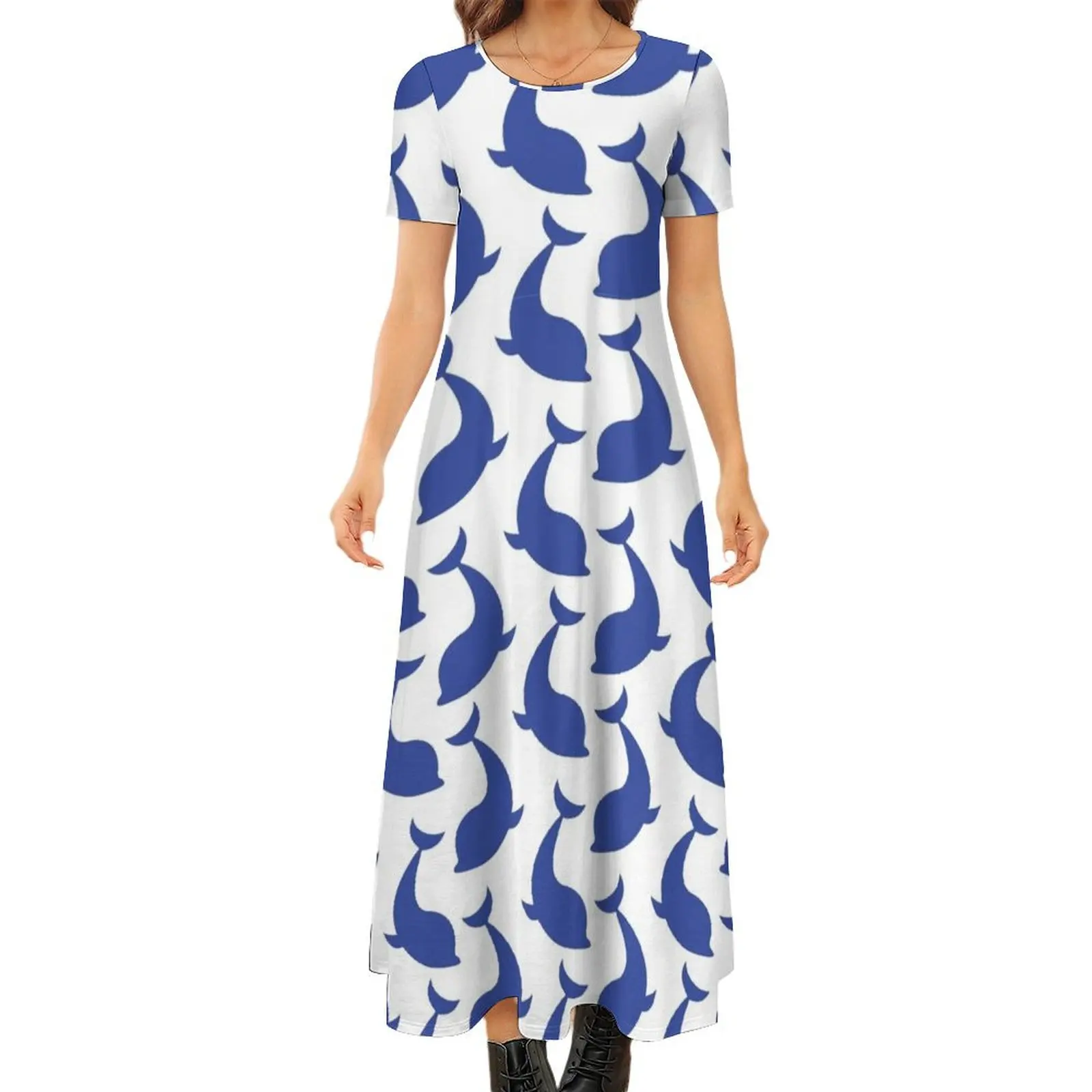 

Blue Dolphin Pattern Round Neck Short Sleeve Dress beach outfits for women dresses for prom woman dress