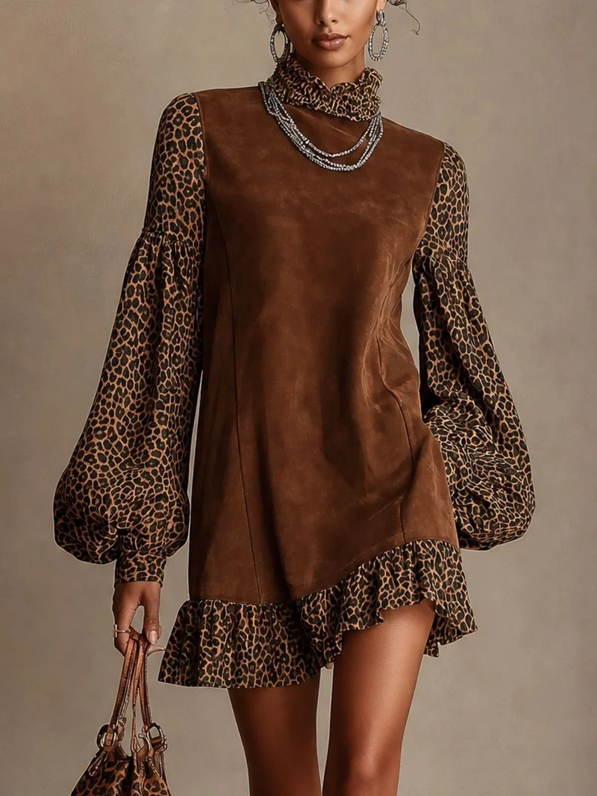 Puff Sleeve Patchwork Dresses Straight Skirt Ethnic Tribal with Leopard Print Loose Fit Artistic Vintage Women Casual Dresses