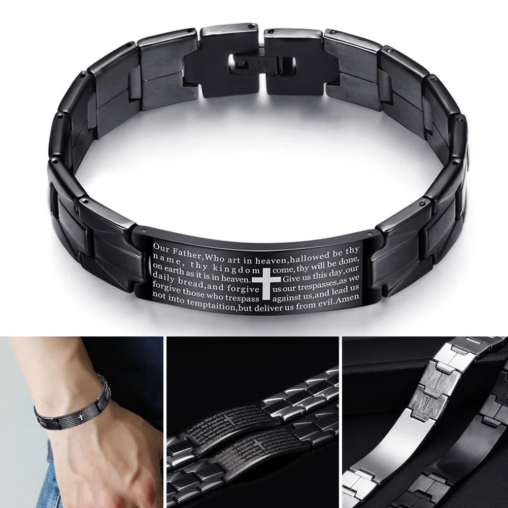 Men Bracelet Stainless Steel Cross English Prayer Casual Bangle Gift