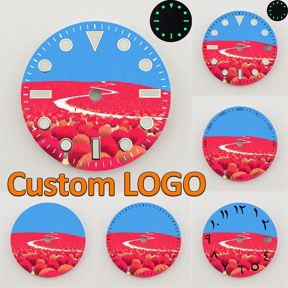 28.5mm NH35 Dial Art Style Red Forest Path Scenery Dial Luminous NH36 Dial Watch Accessories Fits NH35/NH36 Movement Custom LOGO