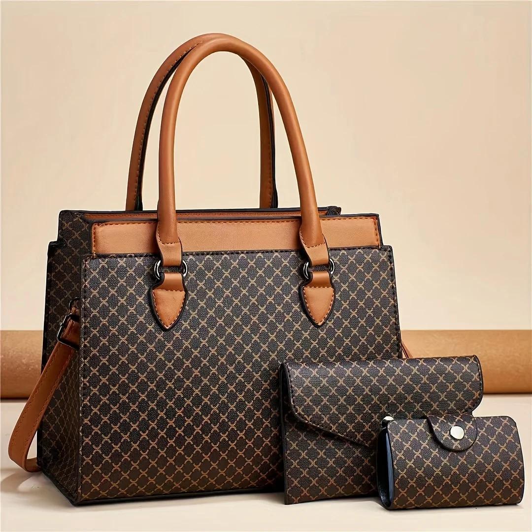 3Pcs Retro Geometric Pattern Tote Bag Set, Faux Leather Shoulder Bag & Clutch & Coin Bag, Perfect Women Bag Set For Daily Use