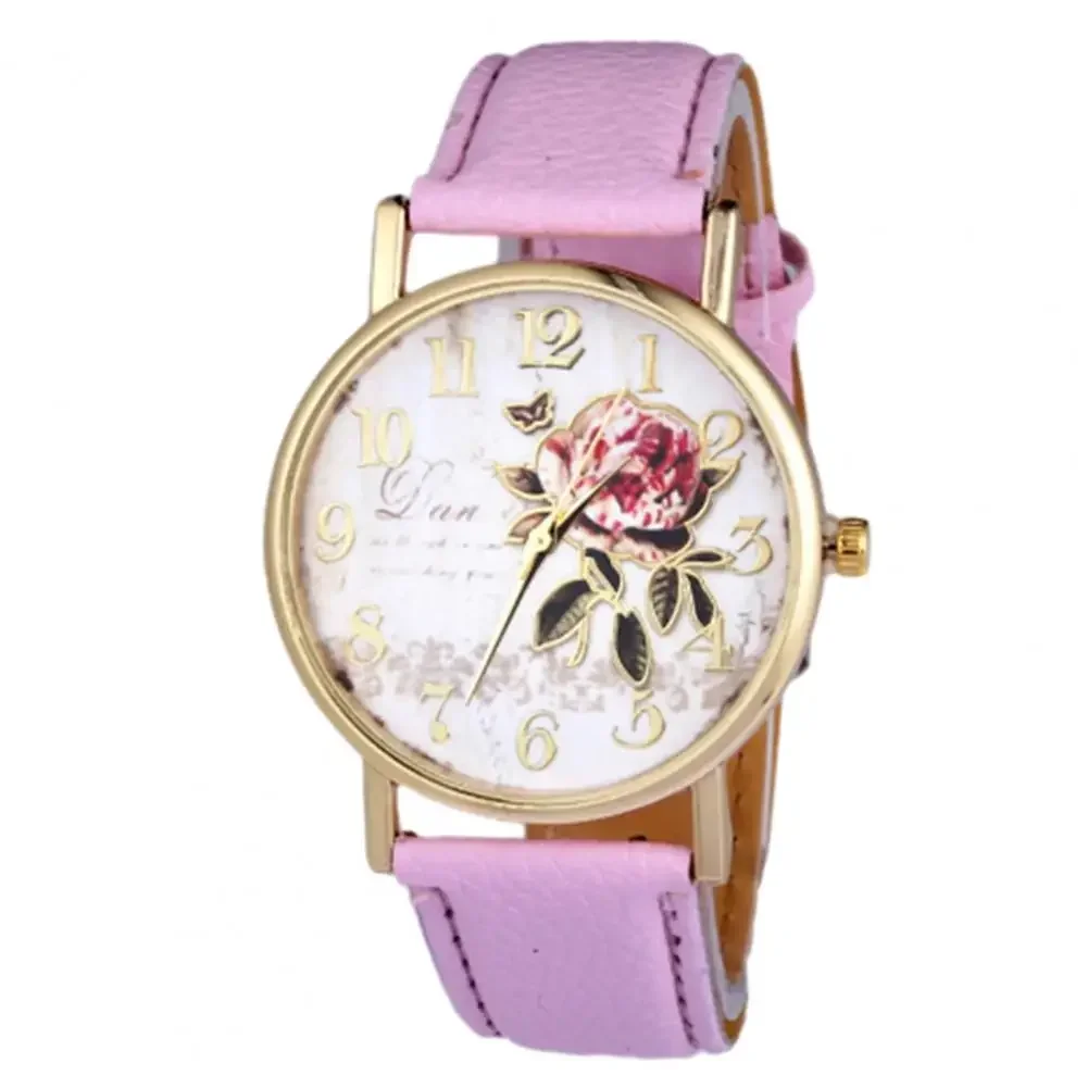 Rose Flower Round Dia Watch Women Elegant Watches Faux Leather Band Arabic Number Quartz Wristwatch Montre Femme Christmas Gift